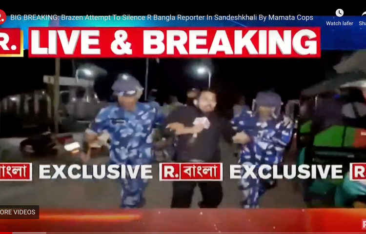 Journalist Santu Pan of Republic Bangla is arrested by police live on air in Sandeshkhali, West Bengal, on February 19, 2024.