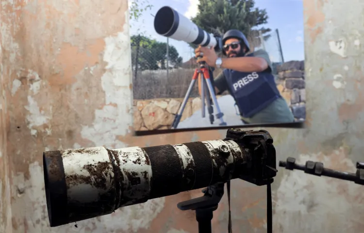The camera that belonged to Reuters journalist Issam Abdallah, who was killed by Israeli strikes in southern Lebanon on October 13, is displayed at a press conference by Amnesty International and Human Rights Watch as they released findings from their investigations into his death in Beirut, Lebanon, on December 7, 2023.