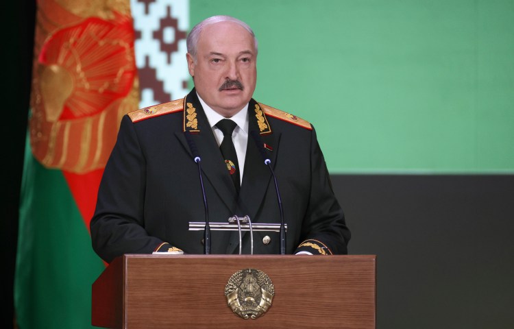 Belarus President Aleksandr Lukashenko, shown here speaking in Minsk on February 20, 2024, has overseen an unprecedented media crackdown since popular protests against his disputed re-election in 2020.