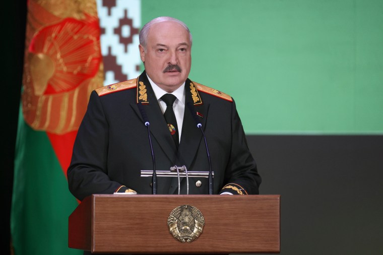Belarus President Aleksandr Lukashenko, shown here speaking in Minsk on February 20, 2024, has overseen an unprecedented media crackdown since popular protests against his disputed re-election in 2020.
