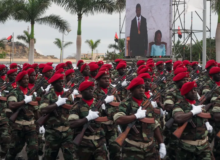 Angolan soldiers parade at the swearing-in of President Joao Lourenco in 2017.