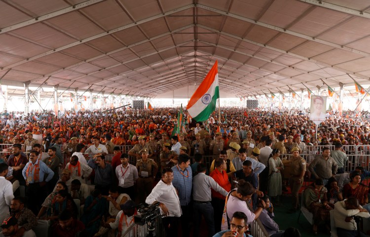 Supporters of Prime Minister Narendra Modi attend an election campaign rally in Meerut, India, on March 31, 2024.