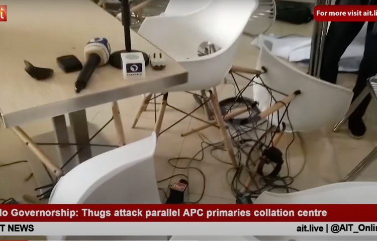 Journalists' damaged and abandoned equipment is seen at a hotel after unidentified men disrupted vote counting in Edo State on February 17.