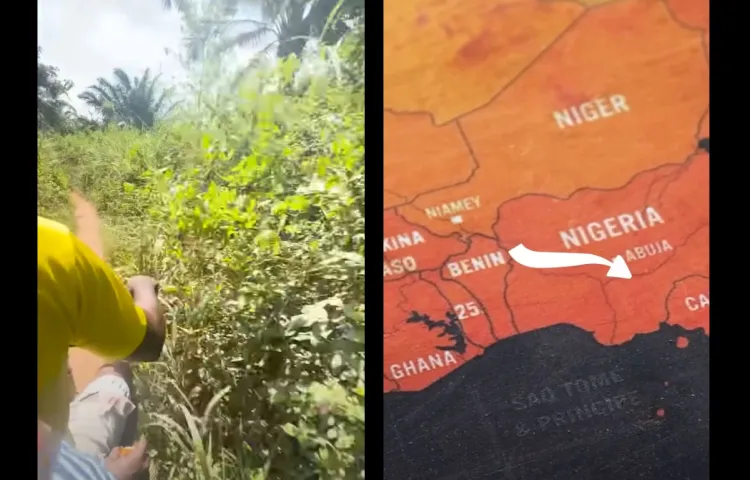 Two scenes from from Nigerian journalist Fisayo Soyombo's investigation from "Undercover as a Smuggler," one on the left showing two men on a motorbike in the bush, and one on the right showing a map of Benin and Nigeria.