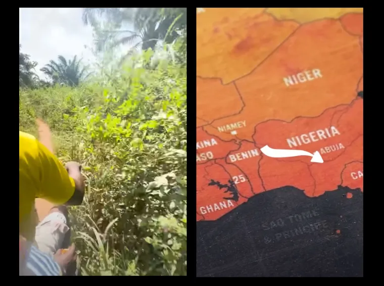 Two scenes from from Nigerian journalist Fisayo Soyombo's investigation from "Undercover as a Smuggler," one on the left showing two men on a motorbike in the bush, and one on the right showing a map of Benin and Nigeria.