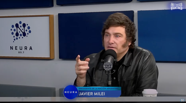 Argentine President Javier Milei during a three-hour, April 15 interview in which he attacked Perfil media group's editorial coverage. (Screenshot: Neura Media/YouTube)