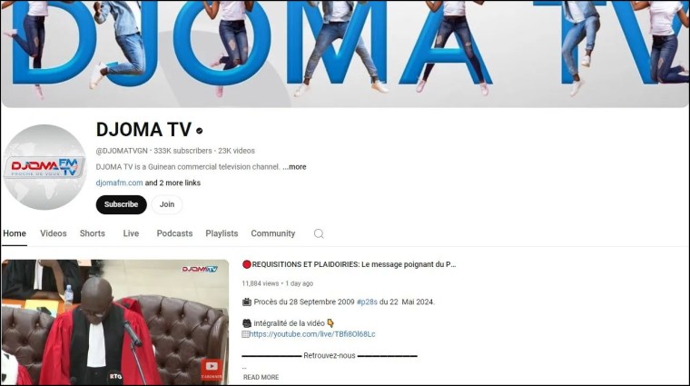 On May 21 and 22, Guinea’s Ministry of Information and Communications Technology revoked the broadcasting licenses of privately owned stations Djoma TV and Espace TV, and radio stations FIM, Espace, Sweet and Djoma. (Screenshot: Djoma TV/YouTube)