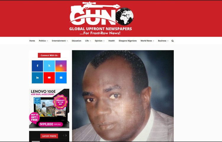 Madu Onuorah, publisher and editor-in-chief of the Global Upfront Newspapers, told CPJ he was arrested May 22 at his home in the Lugbe district of Abuja, Nigeria’s capital. His image is seen here in a May 23 globalupfront.com report about his arrest. (Screenshot: CPJ)