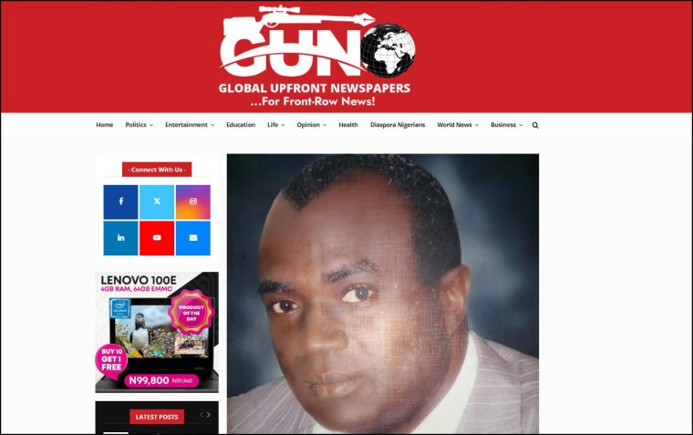 Madu Onuorah, publisher and editor-in-chief of the Global Upfront Newspapers, told CPJ he was arrested May 22 at his home in the Lugbe district of Abuja, Nigeria’s capital. His image is seen here in a May 23 globalupfront.com report about his arrest. (Screenshot: CPJ)