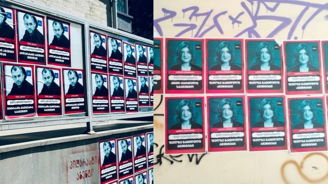 Unknown people put posters outside the offices of Gela Mtivlishvili, editor-in-chief of the independent website Mountain News, (left) and Nino Zuriashvili, head of documentary-maker Studio Monitor, denouncing them as 'foreign agents.' (Photos: Georgian News, Studio Monitor)