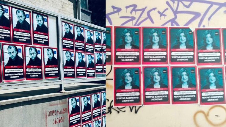 Unknown people put posters outside the offices of Gela Mtivlishvili, editor-in-chief of the independent website Mountain News, (left) and Nino Zuriashvili, head of documentary-maker Studio Monitor, denouncing them as 'foreign agents.' (Photos: Georgian News, Studio Monitor)