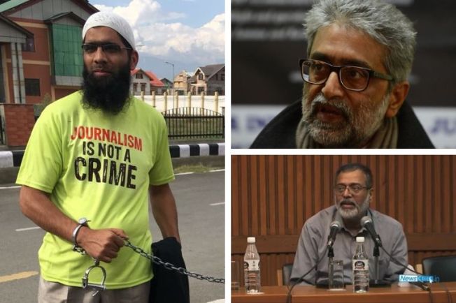 Indian journalists Aasit Sultan (left), Gautam Navlakha (top right), and Prabir Purkayastha.