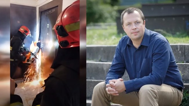 Two photos. On the left, Belarusian authorities break the door of the apartment of exiled journalist Zmitser Kazakevich.. On the right, a photo of journalist Barys Haretski sitting on some stairs.