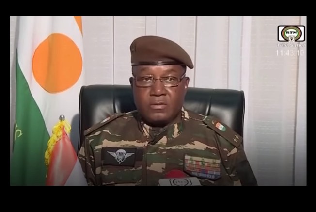 On June 7, Niger’s head of state Abdourahamane Tchiani, seen here declaring himself the country's leader after a July 2023 coup, reintroduced prison sentences and fines for defamation and insult via electronic means of communication, news reports said. (Screenshot: YouTube/The Times and the Sunday Times)