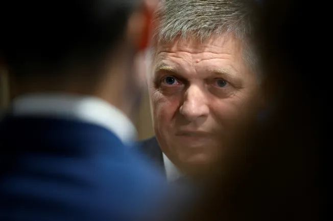 Robert Fico speaks with a journalist after a televised debate, prior to the parliamentary election in Bratislava, Slovakia, on September 26, 2023.
