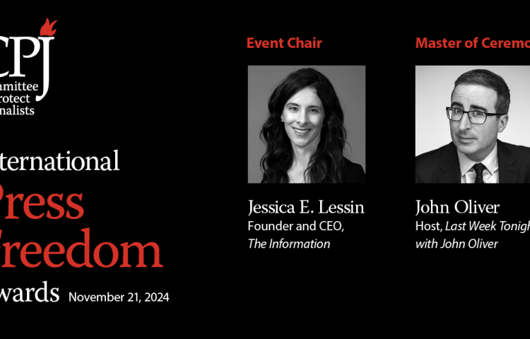 Jessica E. Lessin, 2024 International Press Freedom Awards chair, and John Oliver, host. (Photos: courtesy of The Information; John Oliver)