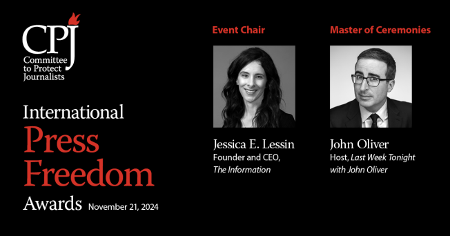 Jessica E. Lessin, 2024 International Press Freedom Awards chair, and John Oliver, host. (Photos: courtesy of The Information; John Oliver)