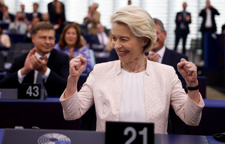 Ursula von der Leyen reacts after being chosen President of the European Commission for a second term, at the European Parliament in Strasbourg, France, July 18.