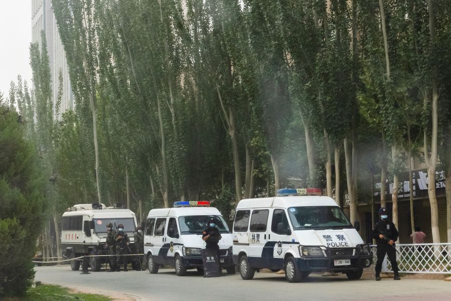 Three police vans with at least five officers sit on a tree-lined street.