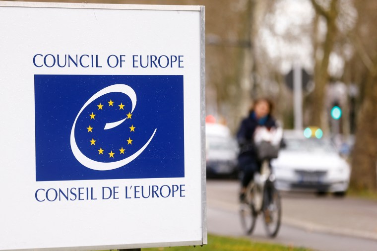 The Council of Europe logo in Strasbourg, France in 2022.