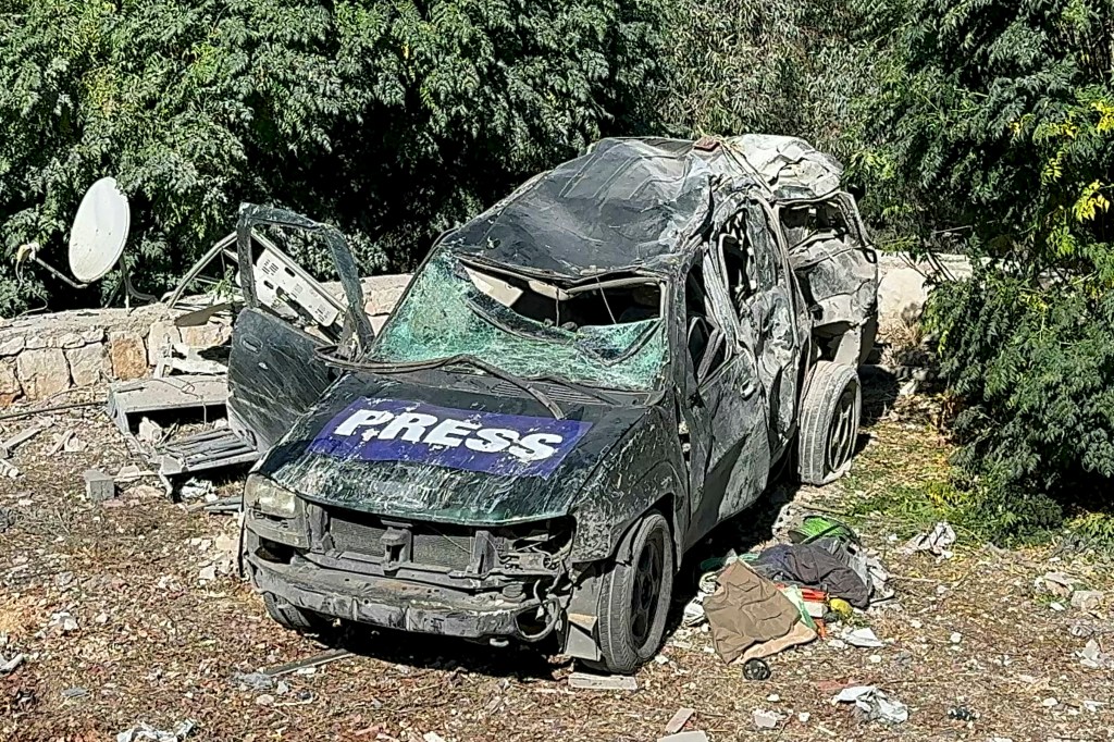 This picture shows a car marked "Press" at the site of an Israeli airstrike that targeted an area where 18 journalists were located in the southern Lebanese village of Hasbaya on October 25, 2024, amid the ongoing war between Israel and Hezbollah.