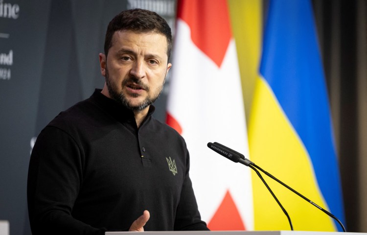 Ukrainian President Volodymyr Zelenskyy speaks during a press statement, during the Summit on peace in Ukraine, in Stansstad near Lucerne, Switzerland, Saturday, June 15, 2024. Heads of state from around the world gather at the Buergenstock Resort in central Switzerland for the Summit on Peace in Ukraine, on June 15 and 16. MICHAEL BUHOLZER/Pool via REUTERS - RC2NB8AIXHLX