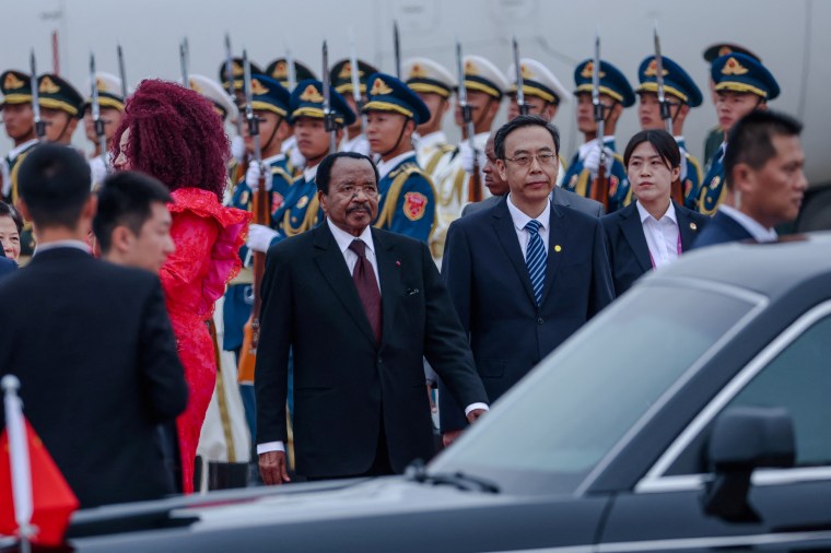 Cameroon's President Paul Biya (C) arrives at the Beijing Capital International Airport, ahead of the 2024 Summit of the Forum on China-Africa Cooperation (FOCAC) in Beijing, China, 04 September 2024. WU HAO/Pool via REUTERS - RC2FT9AB9IIC