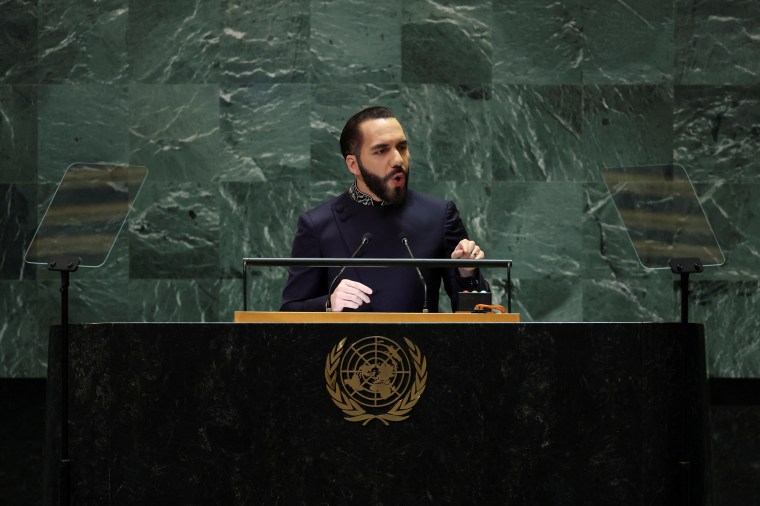 El Salvador's President Nayib Bukele addresses the 79th United Nations General Assembly at U.N. headquarters in New York, U.S., September 24, 2024. REUTERS/Mike Segar - RC287AA120O6