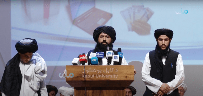 The Taliban’s Minister of Higher Education Shaikh Neda Mohammad Nadeem, who barred similar filming of similar speaking events of his, speaks at Kabul University on June 5, 2024. (Screenshot: RTA/YouTube)