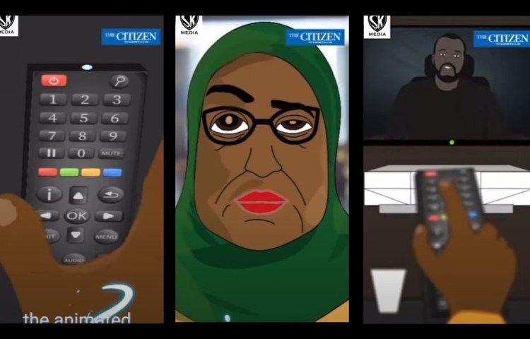 Composite of an animated video, published in the The Citizen newspaper, of a character resembling President Samia Suluhu Hassan watching television coverage of recent reported killings and abductions of government critics. (Screenshots: SK Media Online TV/CPJ)