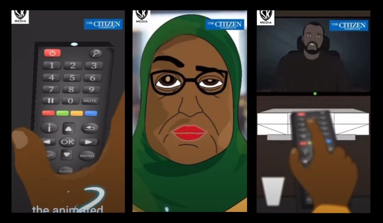 Composite of an animated video, published in the The Citizen newspaper, of a character resembling President Samia Suluhu Hassan watching television coverage of recent reported killings and abductions of government critics. (Screenshots: SK Media Online TV/CPJ)