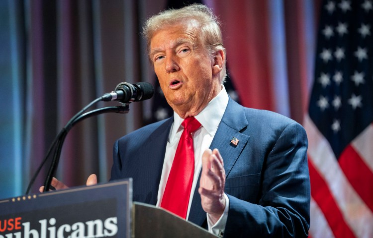 U.S. President-elect Donald Trump speaks to House Republicans at the Hyatt Regency hotel in Washington, D.C. on November 13, 2024. Trump has filed several legal actions against journalists and news outlets, the latest against the Des Moines Register for publishing an election poll that showed him trailing Vice President Kamala Harris. (Photo: AFP-Pool/Allison Robbert)