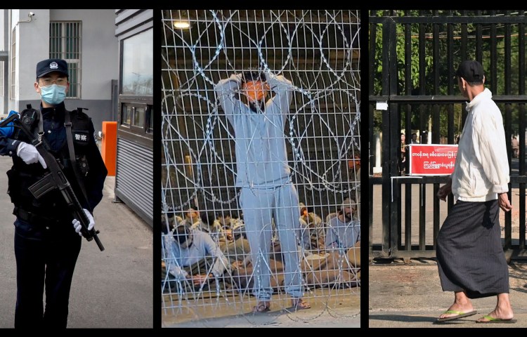 A police officer (left) stands at the entrance of a prison in western China's Xinjiang Uyghur Autonomous Region in April 2021. Blindfolded Palestinian prisoners captured in Gaza are seen at a military detention facility in southern Israel in winter 2023 (center), and a view outside of Insein prison in Yangon, Myanmar, as relatives wait for the release of prisoners on January 4, 2024. (Photos, from left: AP/Mark Schiefelbein; Breaking the Silence via AP; AFP)