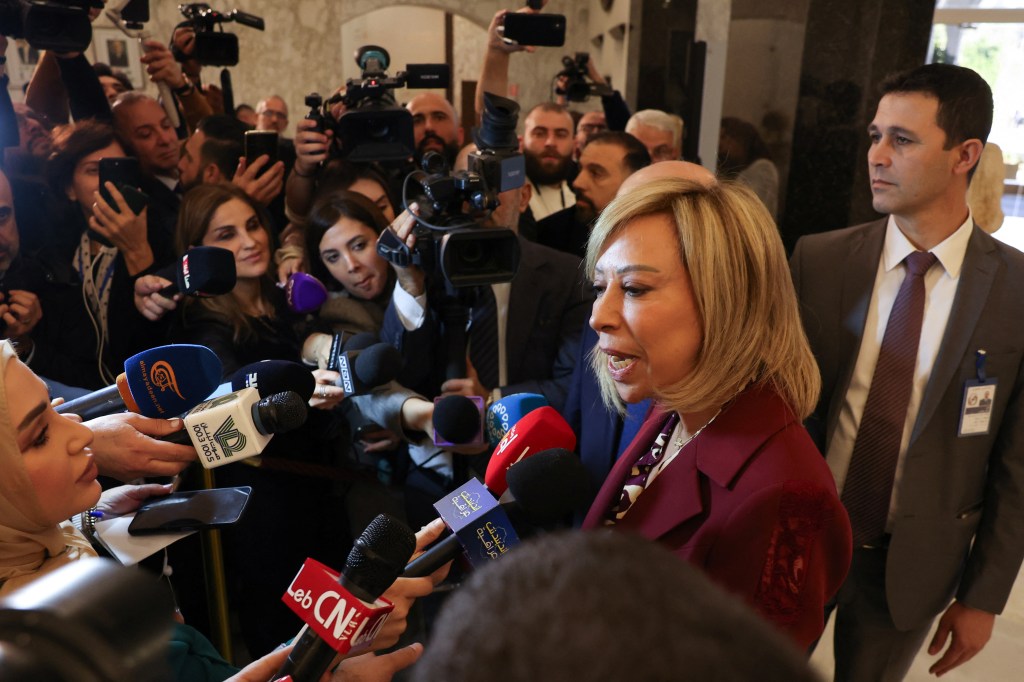 Lebanese President Joseph Aoun's wife Naamat Aoun speaks to the members of the media at the presidential palace, in Baabda, Lebanon January 14, 2025. REUTERS/Mohamed Azakir
