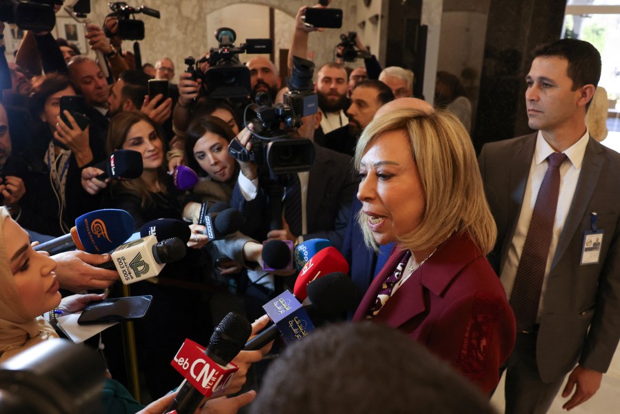 Lebanese President Joseph Aoun's wife Naamat Aoun speaks to the members of the media at the presidential palace, in Baabda, Lebanon January 14, 2025. REUTERS/Mohamed Azakir