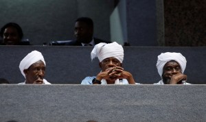 Delegates affiliated to Sudan's Rapid Support Forces (RSF) react during a meeting for the planned signing, later postponed, of a political charter that would provide for a "Government of Peace and Unity" to govern the territories the force controls in Nairobi, Kenya, February 18, 2025. REUTERS/Monicah Mwangi