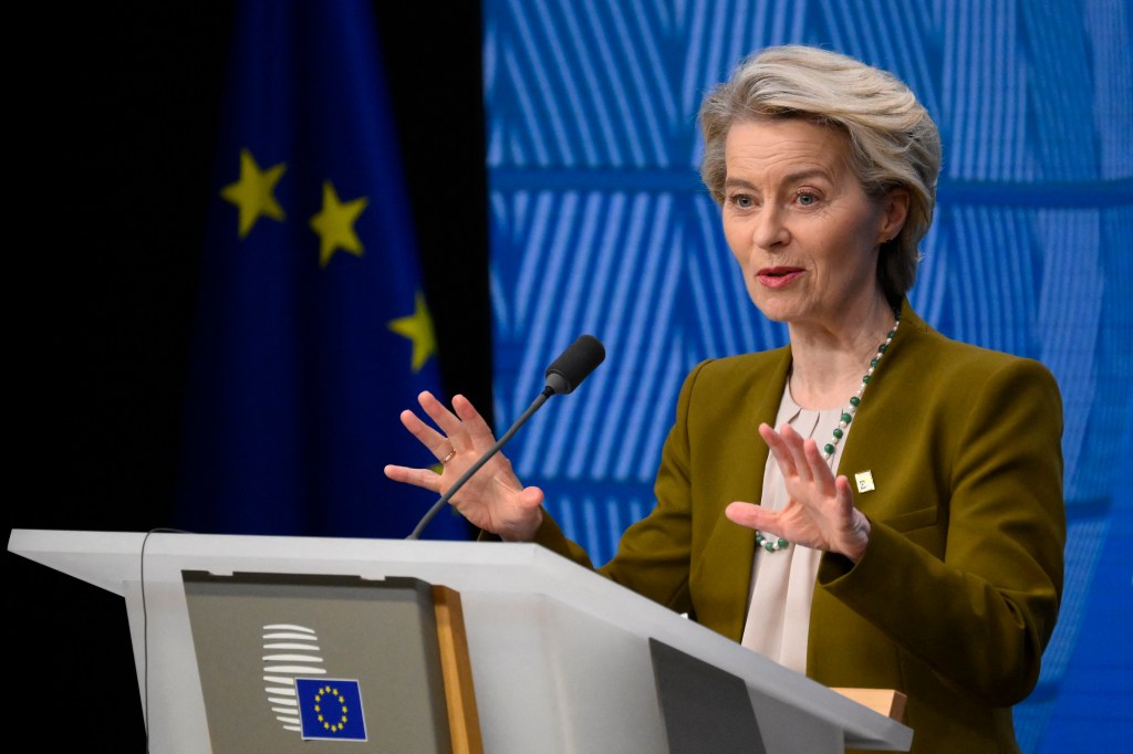 President of the European Commission Ursula von der Leyen addresses the media following a European Union Summit in Brussels on March 20, 2025. (Photo: AFP/John Thys)