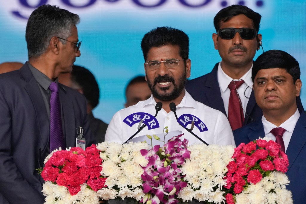 Anumula Revanth Reddy is sworn in as Chief Minister of Telangana in 2023.
