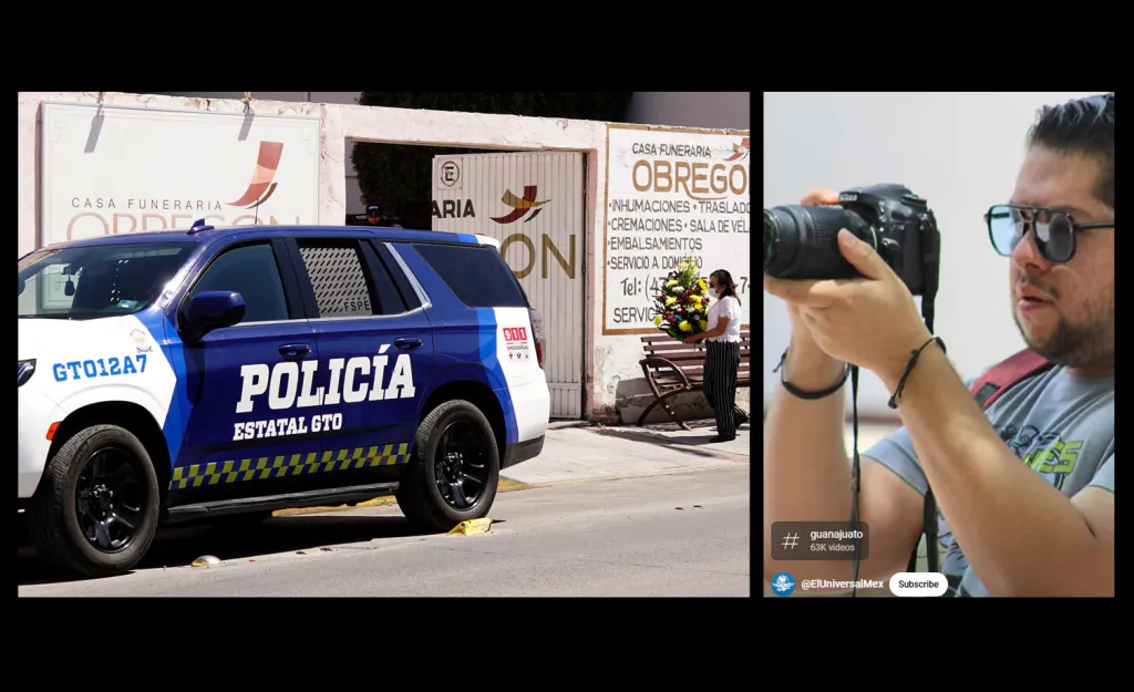 A police vehicle (left) guards the March 3, 2024, funeral of journalist Kristian Zavala (right), who was shot dead a day earlier in the central Mexico state of Guanjuato. (Photo, left: AFP/Mario Armas; screenshot, right: ElUniversalMex/YouTube)