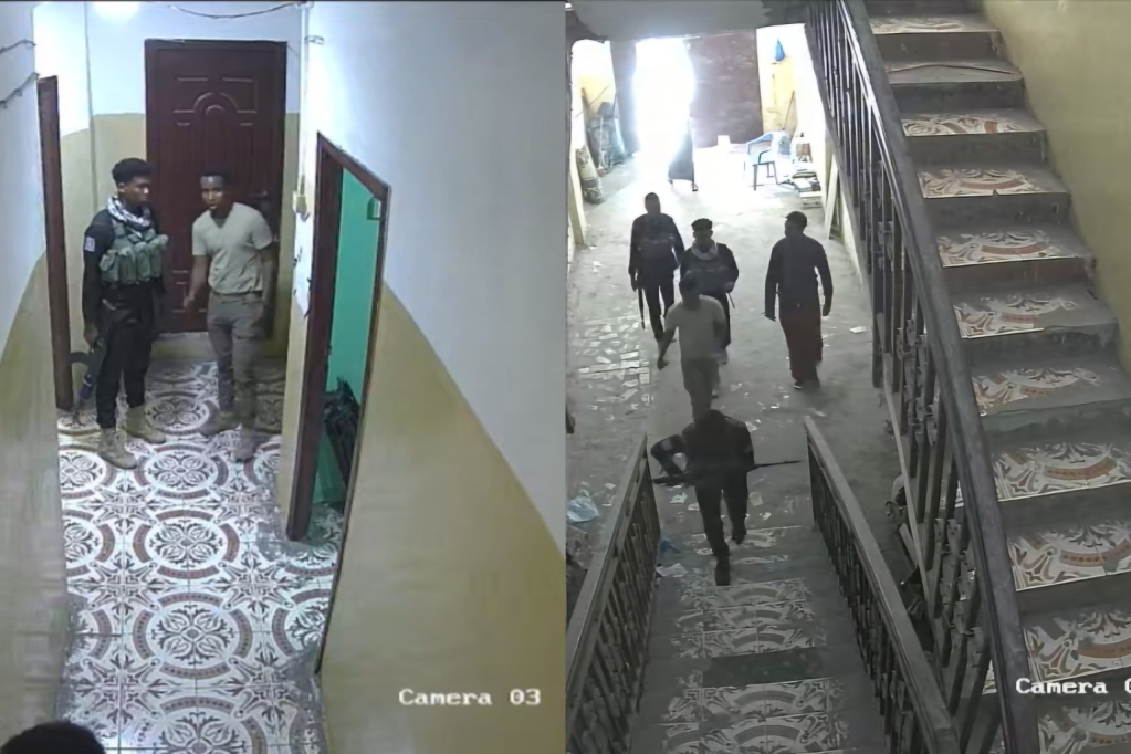 Screenshots from CCTV footage showing police arriving to Risaala Media Corporation’s offices in Mogadishu. (Screenshot: Risaala Media Corporation)
