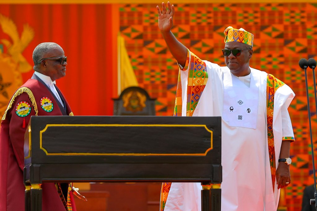 Ghana's President John Dramani Mahama waves at his inauguration on January 7, 2025.