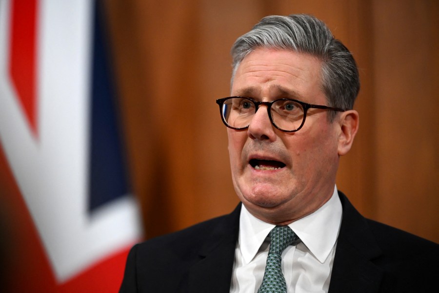 Prime Minister Keir Starmer delivers a statement on Defence spending at Downing Street on February 25, 2025 in London, England. Earlier today Prime Minister Keir Starmer announced a commitment to increase the UK's defence spending to 2.5% of GDP by 2027, along with the goal of increasing it to 3% during the next parliament. Leon Neal/Pool via REUTERS