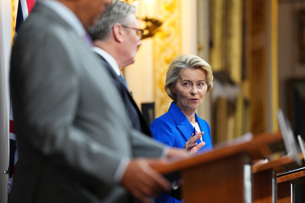 European Council President Antonio Costa, Britain's Prime Minister Keir Starmer and President of the European Commission, Ursula von der Leyen attend a press conference at the UK-EU summit at Lancaster House on May 19, 2025 in London, England. Carl Court/Pool via REUTERS