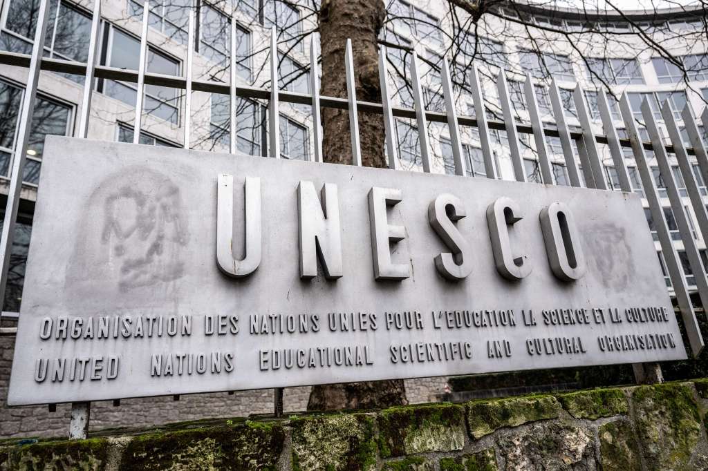 The logo of the United Nations Educational, Scientific, and Cultural Organization (UNESCO) is seen in front of its headquarters in Paris, France, on January 17, 2025. Nicaragua notified UNESCO of its withdrawal from the organization in response to its press prize going to a Nicaraguan newspaper in exile in May 2025. (Photo: AFP/Bertrand Guay)