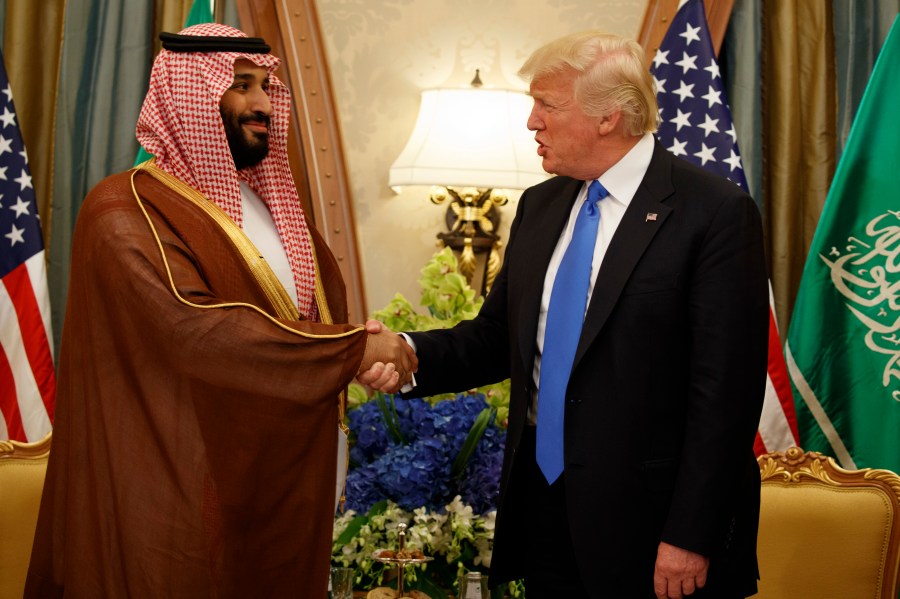 In this 2017 photo, U.S. President Donald Trump (right) shakes hands with Saudi Crown Prince Mohammed bin Salman during a meeting in the Saudi capital Riyadh.