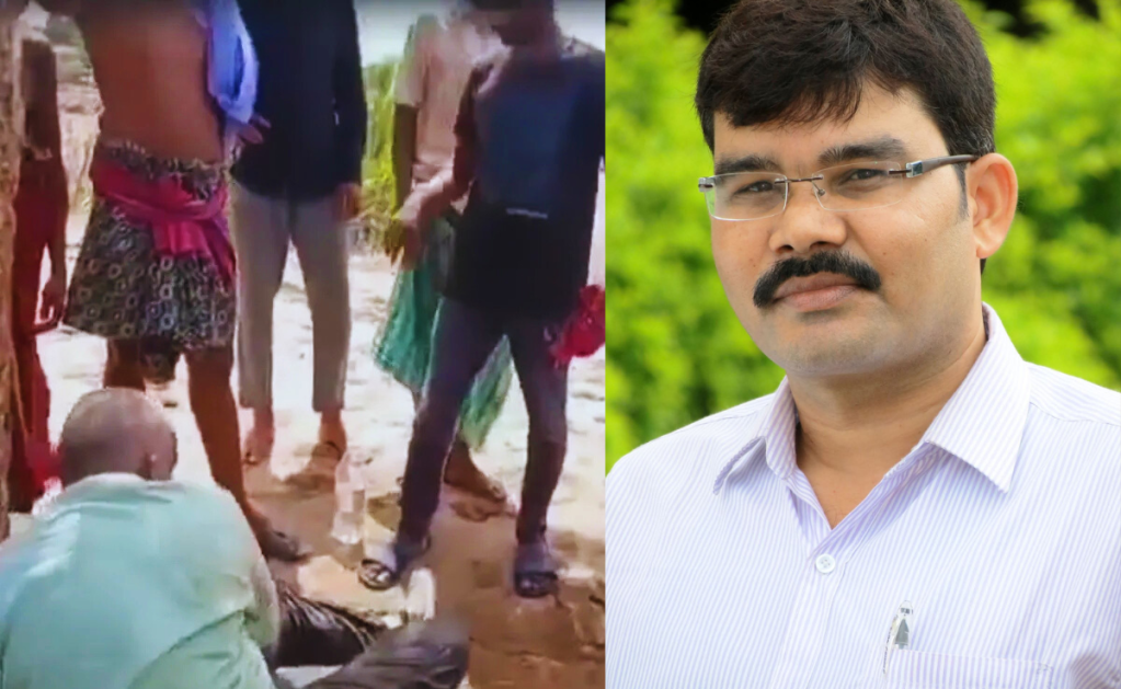Odia journalist Bijay Pradhan (right), reporting for Bada Khabar, was tied up and beaten (left) while covering alleged construction corruption in Kulthipali village, Bolangir district, Odisha. Left: Still from viral video footage of the May 23 assault. Right: Photo of Pradhan, courtesy his family members.