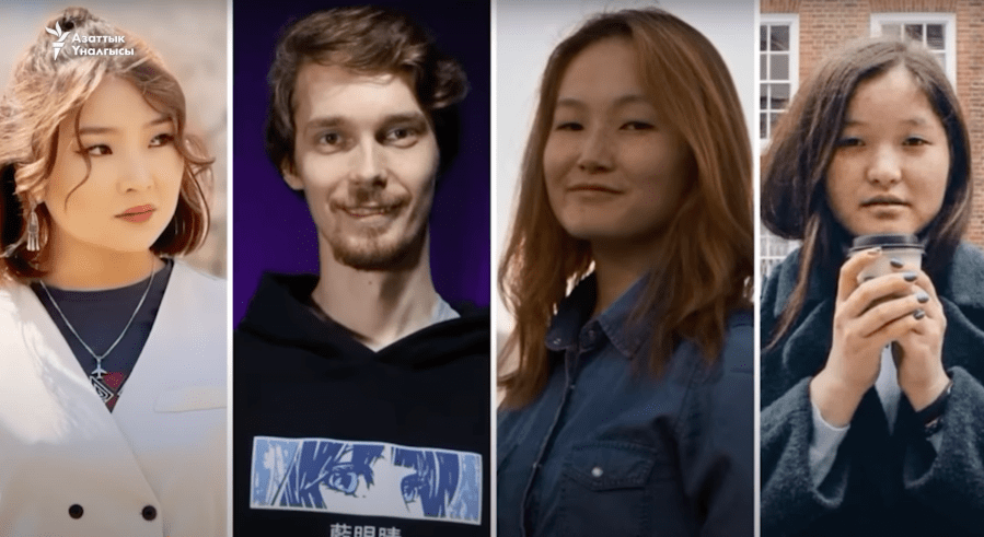 Ziyagul Bolot kyzy, Aleksandr Aleksandrov, Aidai Erkebayeva and Zara Sadygalieva are among eight former and current Kloop staffers arrested and interrogated by Kyrgyz authorities about their work. (Screenshot: Азаттык /YouTube)