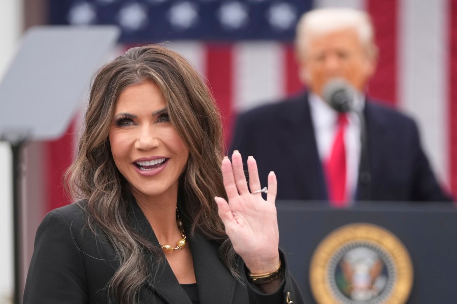 Homeland Security Secretary Kristi Noem is recognized as President Donald Trump speaks at the White House in Washington D.C. on April 2, 2025. CPJ and 27 other organizations wrote to Noem expressing concern after reports that federal officials may have violated the First Amendment rights of journalists covering protests in Los Angeles, California, in June 2025. (Photo: AP/Mark Schiefelbein)