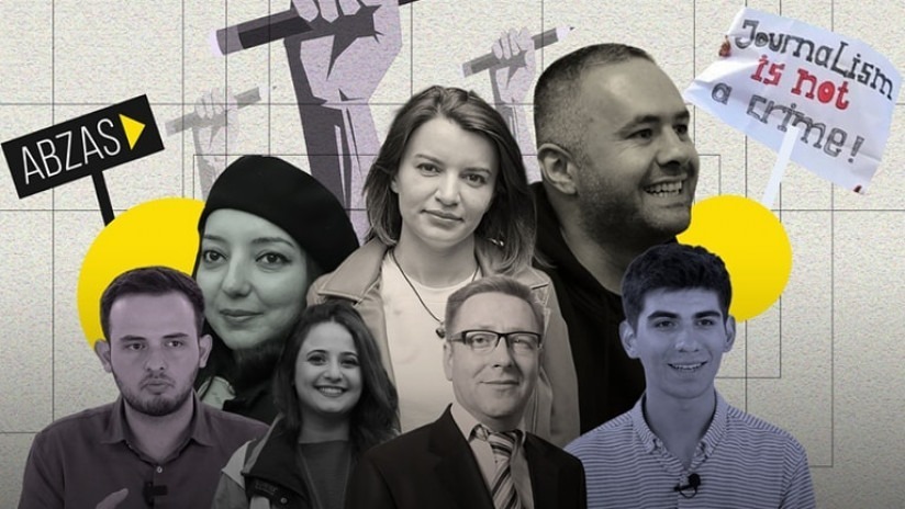 RFE/RL's Azerbaijani journalist Farid Mehralizada (left) and Abzas Media staff Elnara Gasimova, Nargiz Absalamova, Sevinj Vagifgizi, Hafiz Babali, Ulvi Hasanli, and Mahammad Kekalov are seen in this composite image published by Abzas Media.