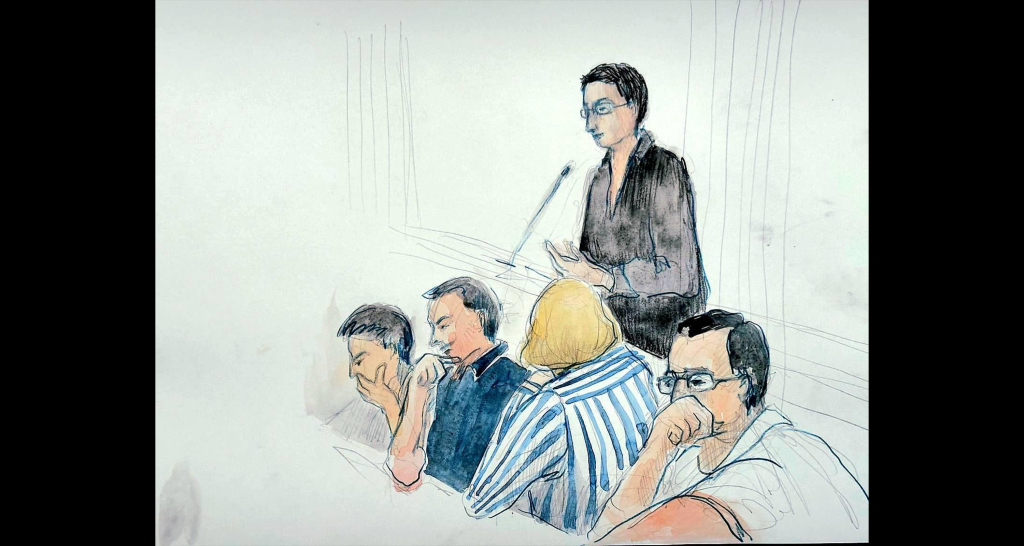 A court sketch showing Georgian journalist Mzia Amaglobeli’s trial on July 14. Amaglobeli (standing) gives testimony during the hearing attended by CPJ and partners. (Image: Ana Janelidze)